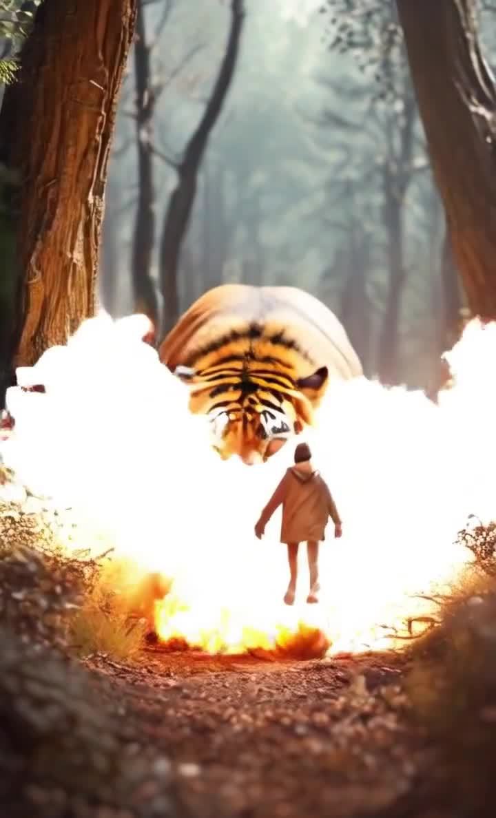 雾中巨虎逼近：森林小路上的奇异相遇