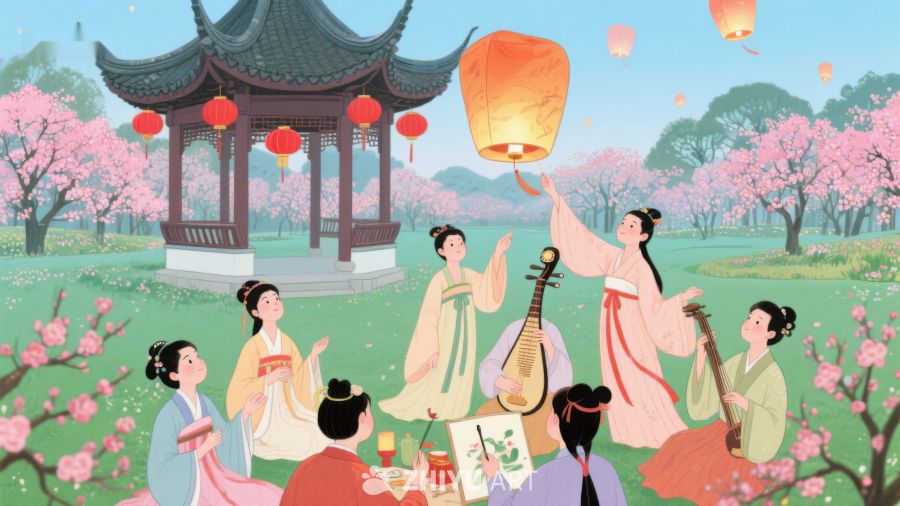 古风人物在樱花下弹奏乐器 234