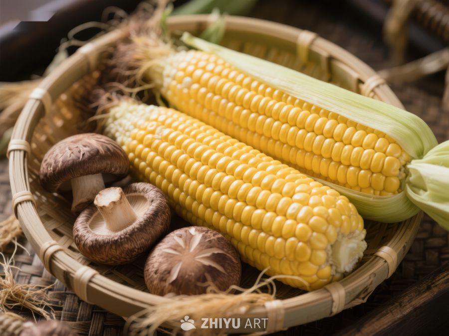 新鲜玉米与香菇的静物组合 780