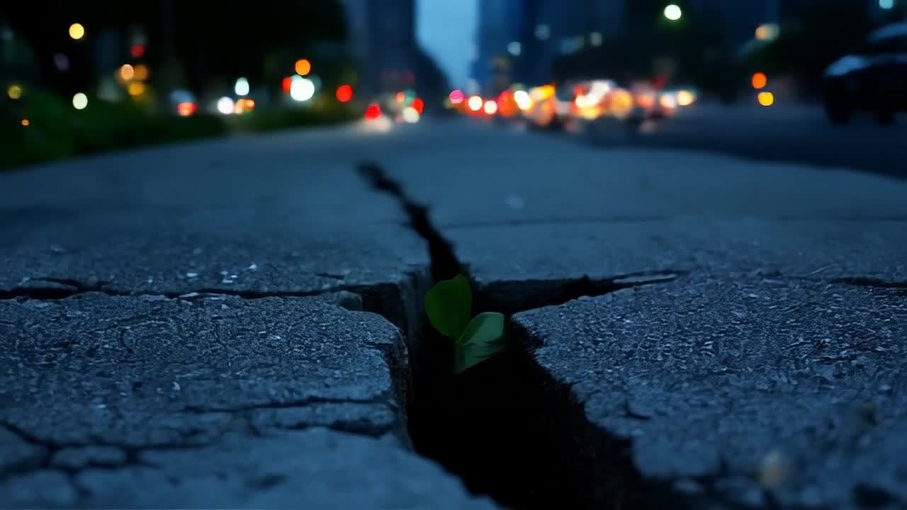 城市街道的地面上有一条裂缝，裂缝中长出一棵绿色的幼