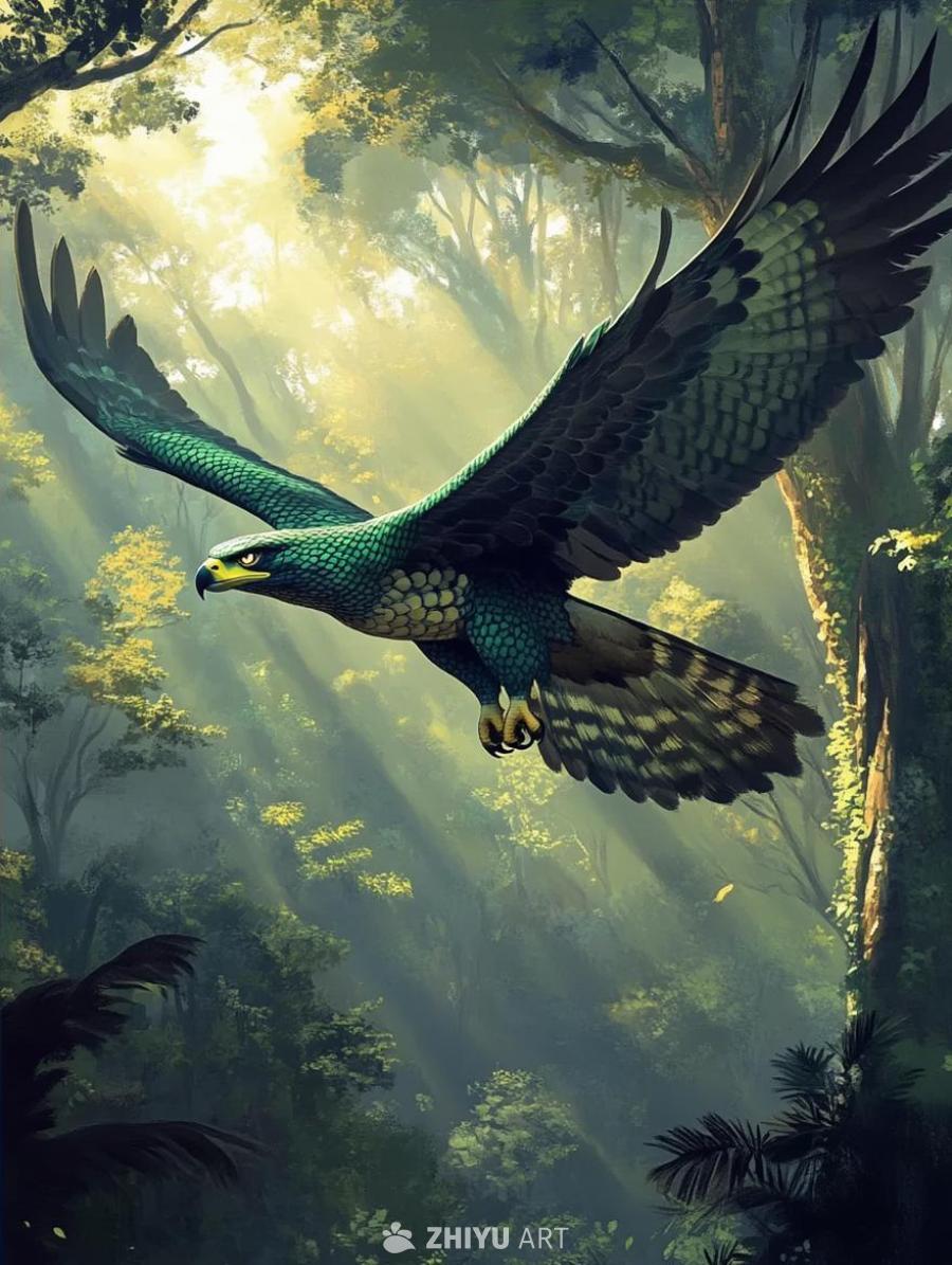 森林里，一条带有鳞片、羽毛和利爪的蛇鹰混合生物在飞