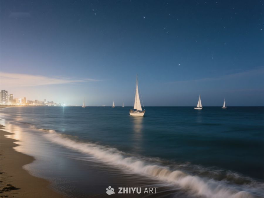 夜幕下的帆船与海滩 487