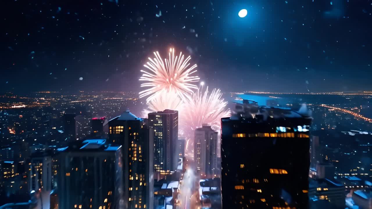 夜空中一轮圆月高悬，城市灯火闪烁，高楼林立。两束烟