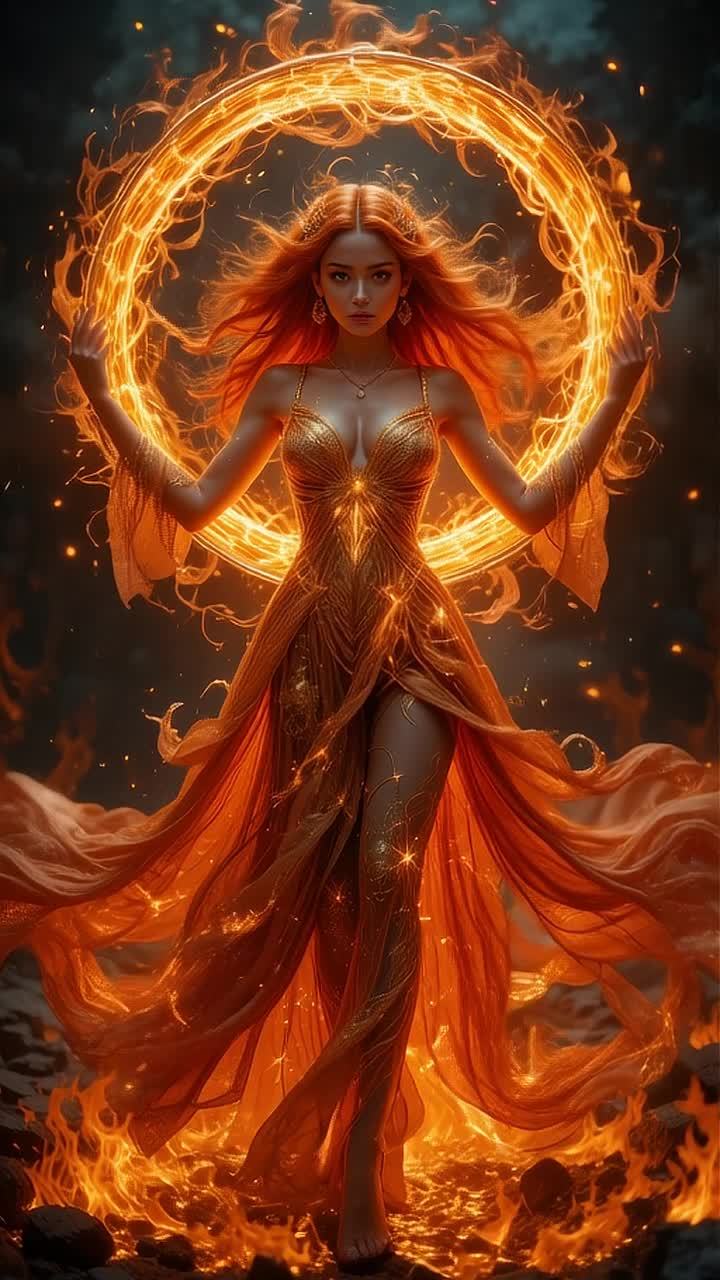 一个穿着金色长裙的女子站在燃烧的火焰前，她抬起双手