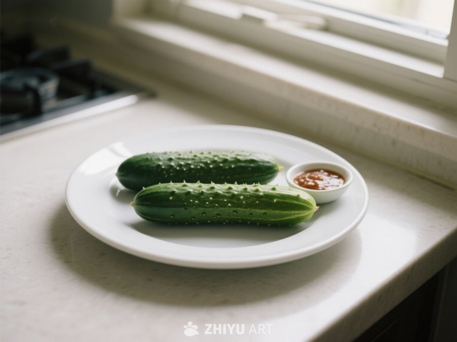 盘中黄瓜配酱料，窗边静置 274