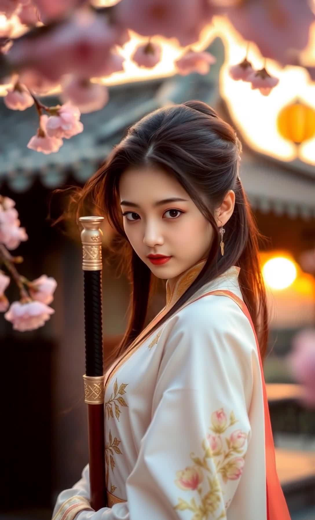 一个古装女人缓缓看向镜头，身着白色和红色的汉服，手