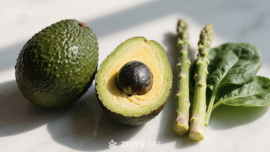 牛油果芦笋与菠菜静物