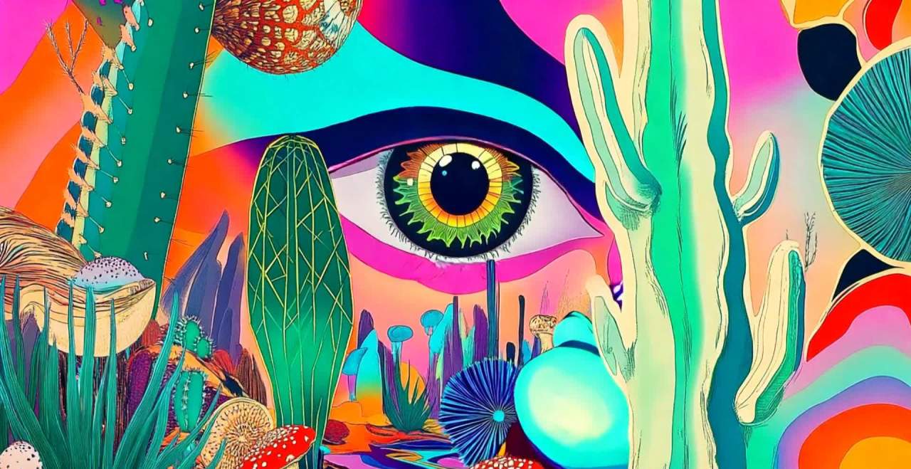 超现实主义风格的巨眼与奇幻植物构图