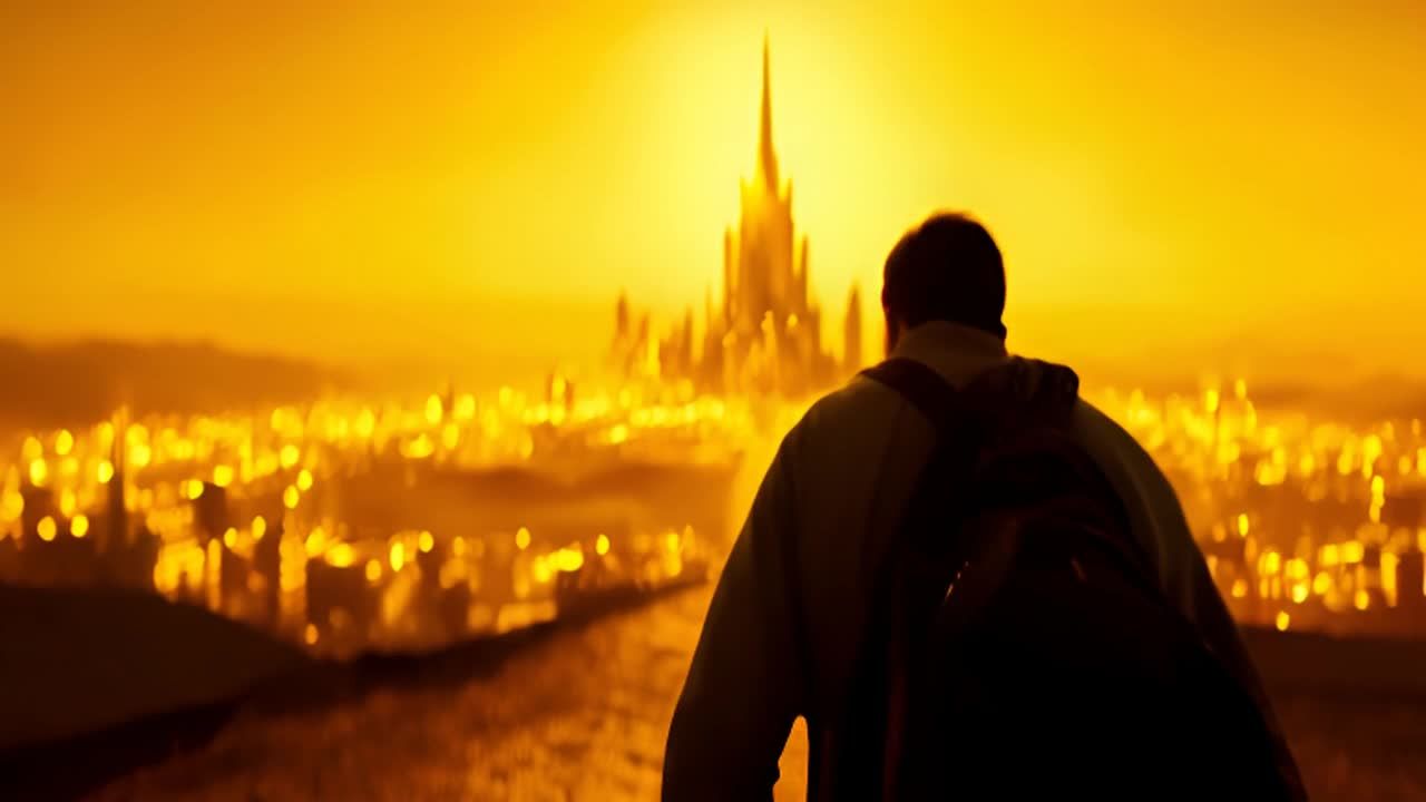 一个背对着镜头的旅行者，背着背包，站在一个高处。远