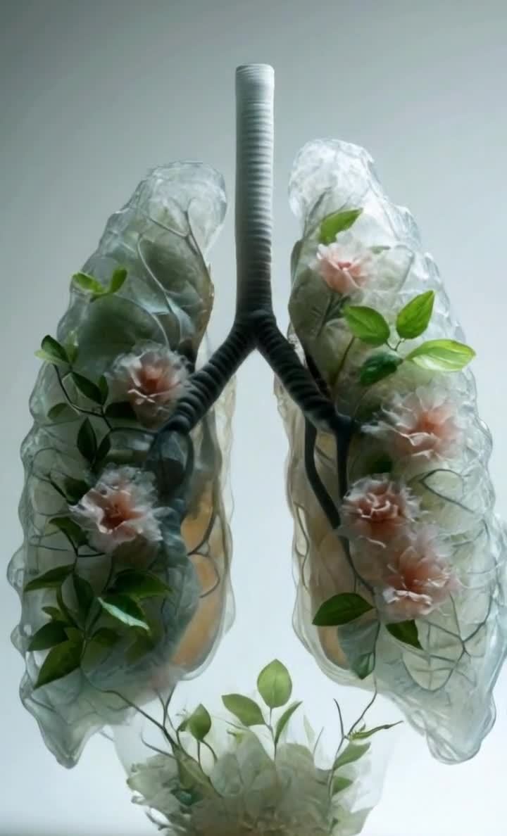 一个肺部的模型被展示出来，模型整体透明，内部装饰有
