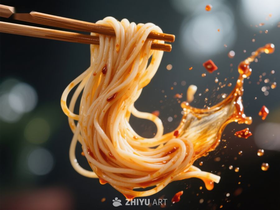 筷子夹起热辣面条，酱汁四溅 706
