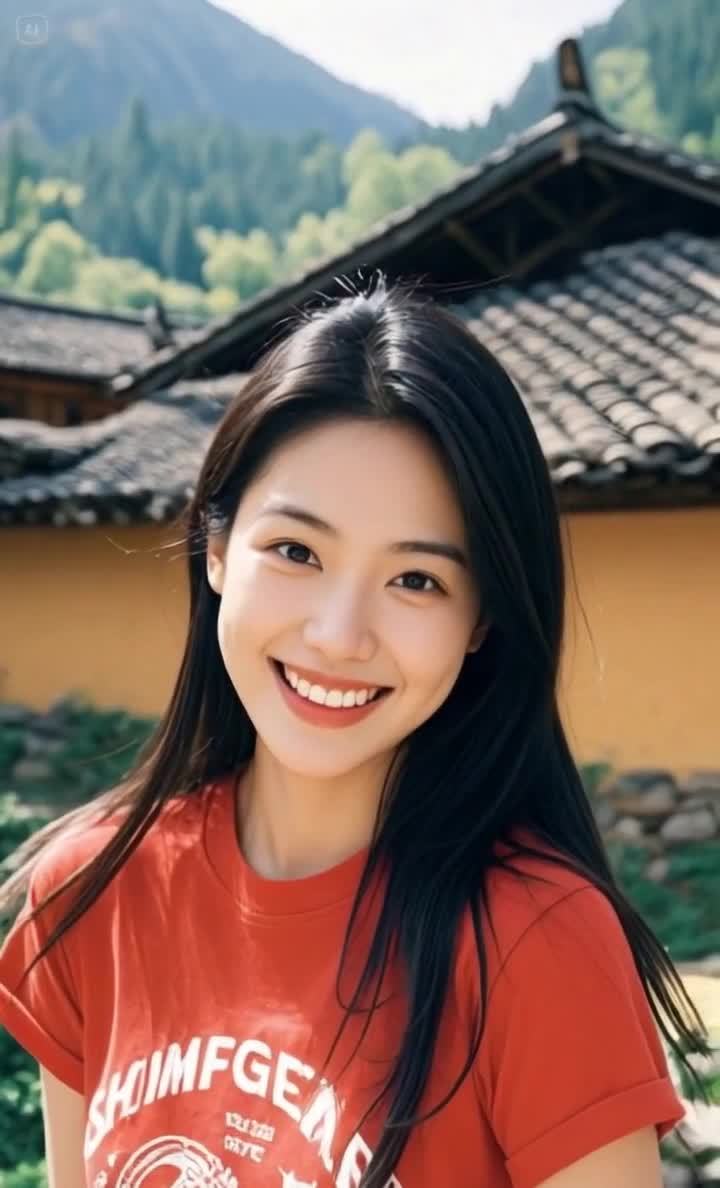 红衣女孩在乡村微笑，背景有房屋和山脉。