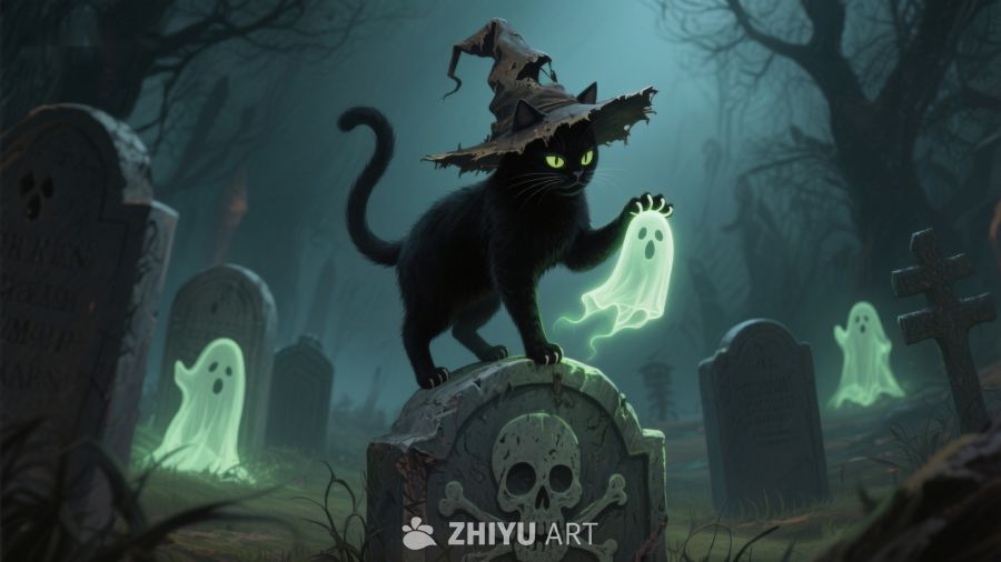 黑猫幽灵墓地夜景
