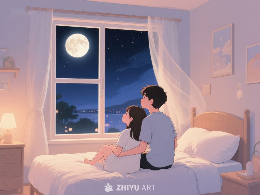 情侣窗前共赏满月夜景 496