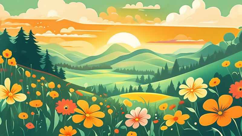 一幅乡村鲜花插画形式柔和圆润背景明亮 26