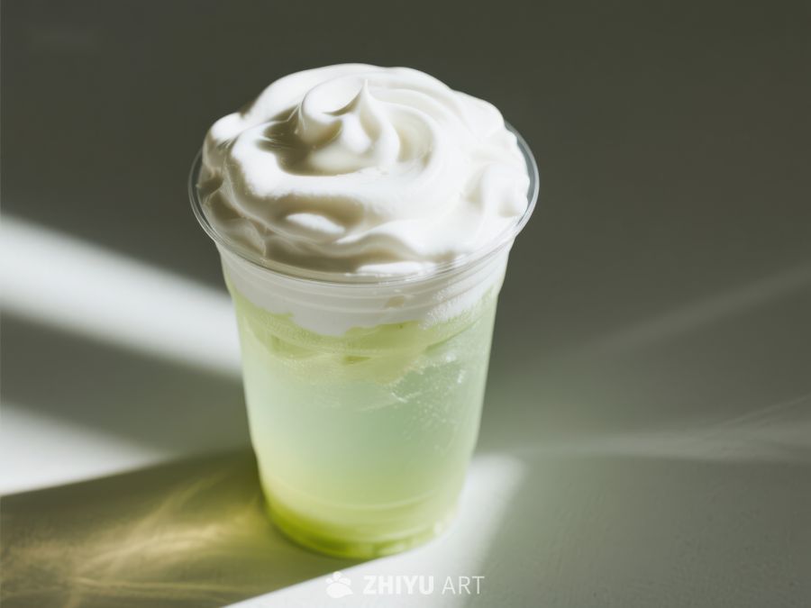 抹茶饮品配奶油，阳光照射