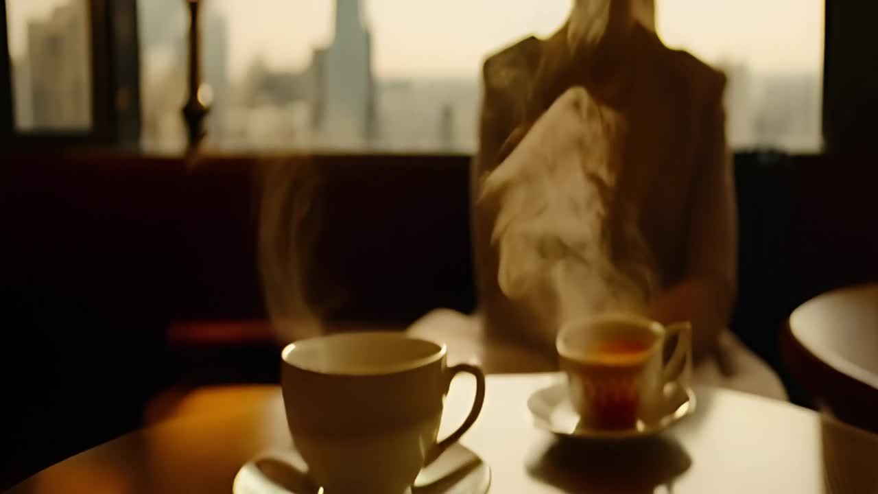 两杯冒着热气的茶杯放置在抛光的木桌上。背景中，模糊