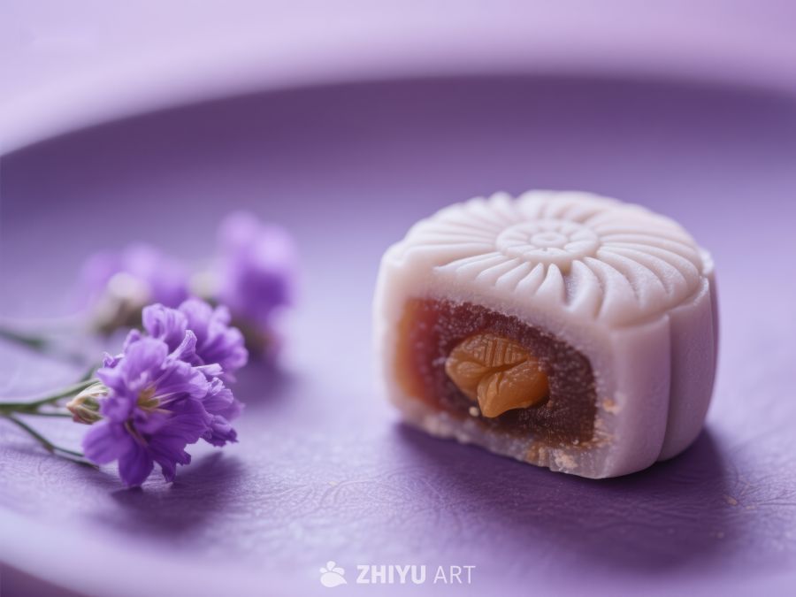 精致月饼与紫色小花的静谧组合 294