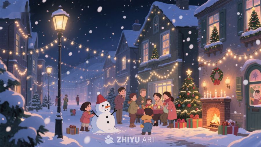 冬夜雪景中的温馨圣诞聚会 127