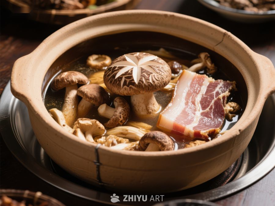 砂锅炖煮香菇培根美食 553