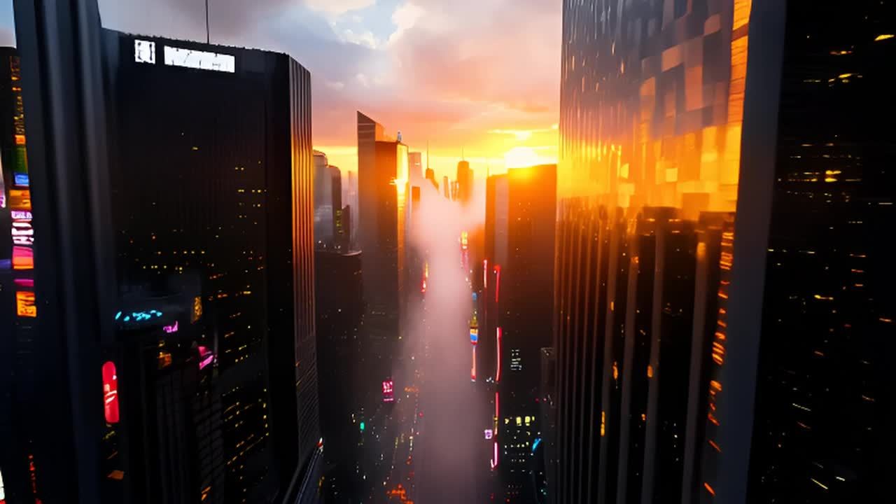 夕阳时分的赛博朋克城市，高耸的摩天大楼矗立在浓厚的