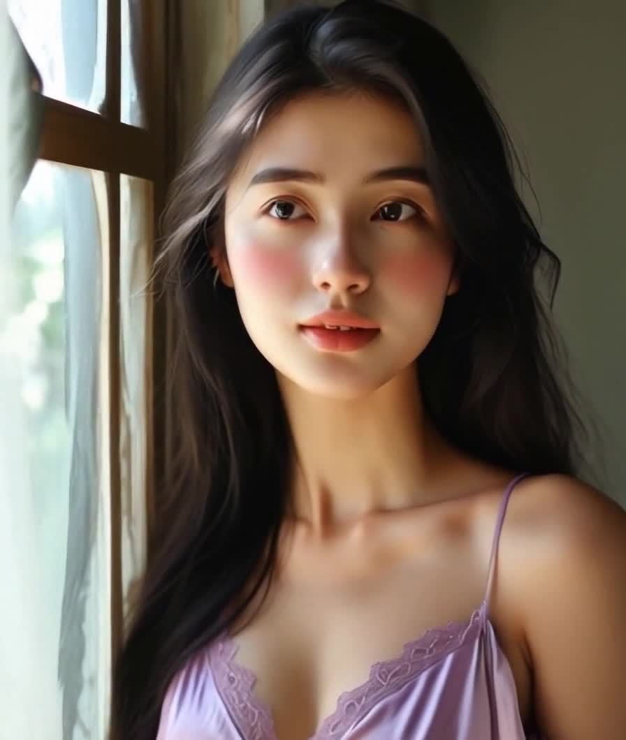一位女性，她有着杏仁形的大眼睛，深棕色。她的皮肤光