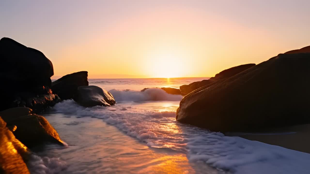 日落时分的海滩岩石，背景是波浪拍打的声音。低角度静