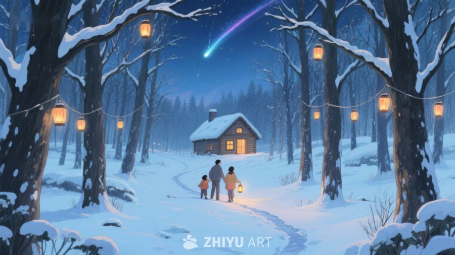 冬夜林间小屋，温馨灯光与流星 42