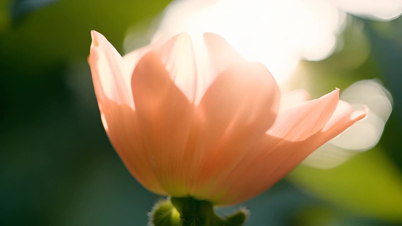 一朵精致的花在花园里绽放。花瓣慢慢展开，露出鲜艳的