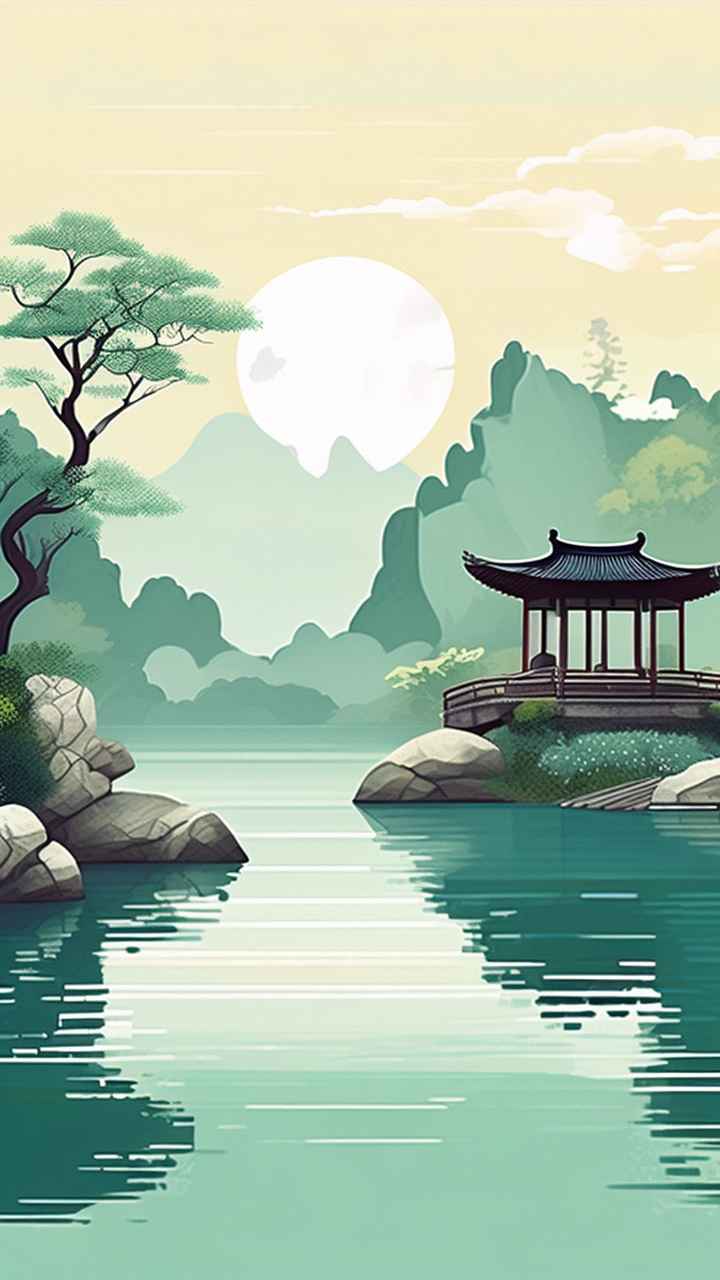 中国画园林植物水亭子插画 24