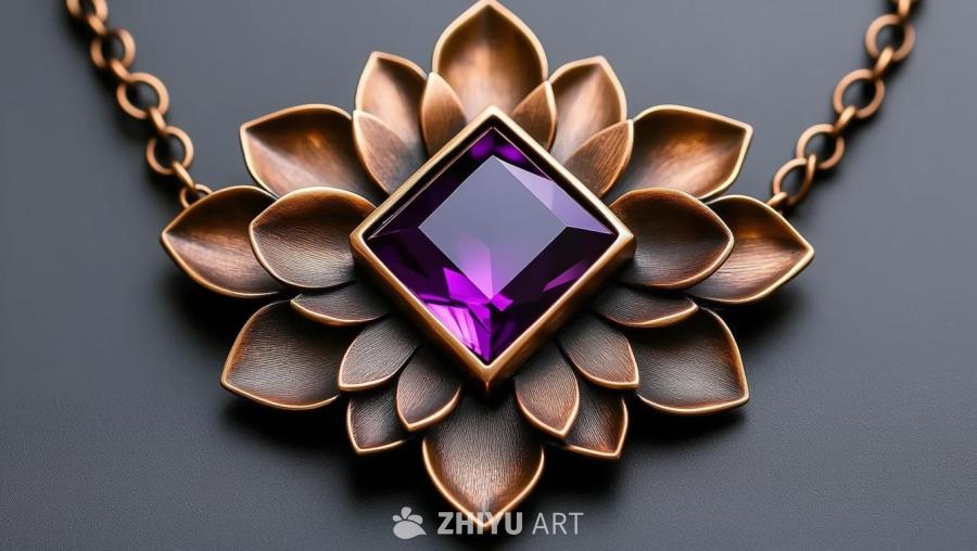 一条项链，中心镶嵌着菱形的紫色宝石。宝石周围是抛光