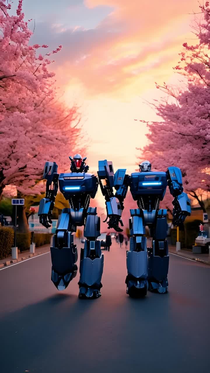 两个蓝色机器人并排走在一条道路上，道路两旁是盛开的