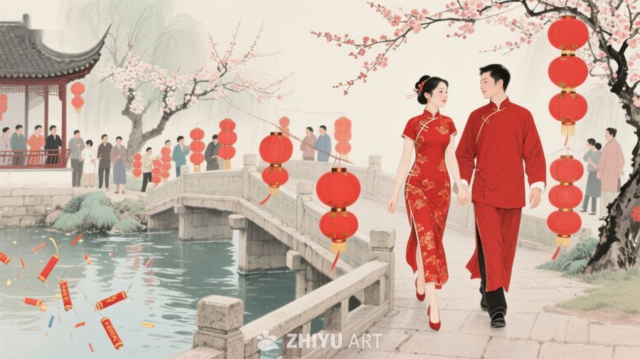 传统婚礼，新人携手桥上 33