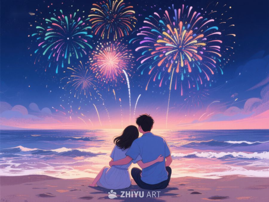 海边烟花下的情侣 264