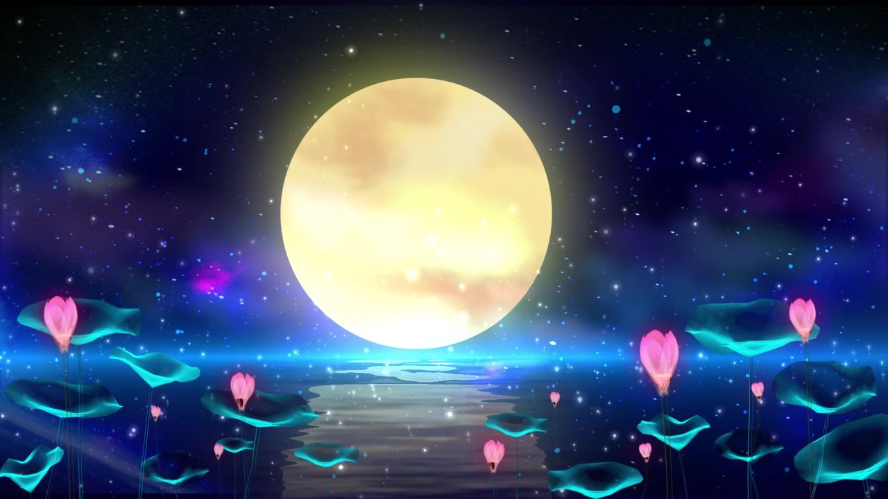 唯美大海上升月亮白月光蓝色夜空圆月明月大屏幕舞台LED视频  115