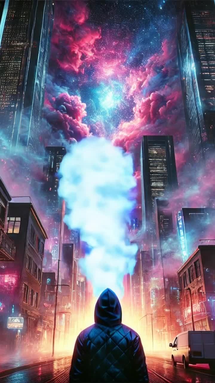 未来主义赛博朋克城市，视角缓慢推进，赋予场景深度。