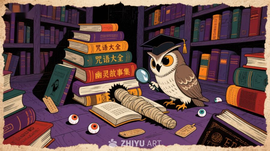 猫头鹰在图书馆中探索神秘书籍
