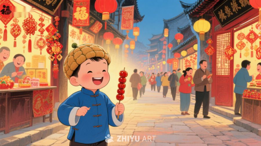 热闹街市，童子手持糖葫芦 808
