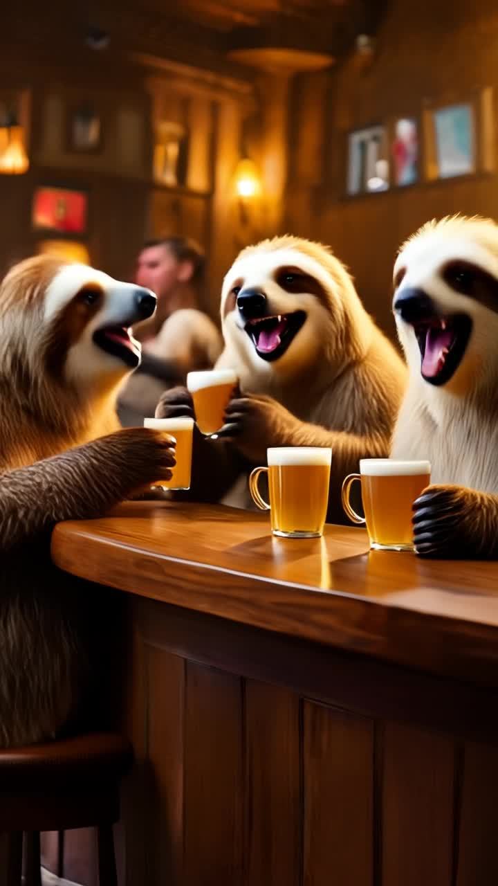 三只树懒坐在一个传统英式酒吧的木制吧台旁，他们举起