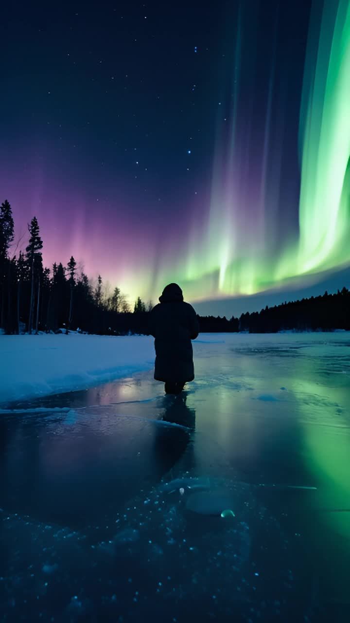 一个人站在被雪覆盖的湖面上。夜空漆黑，繁星点点，而