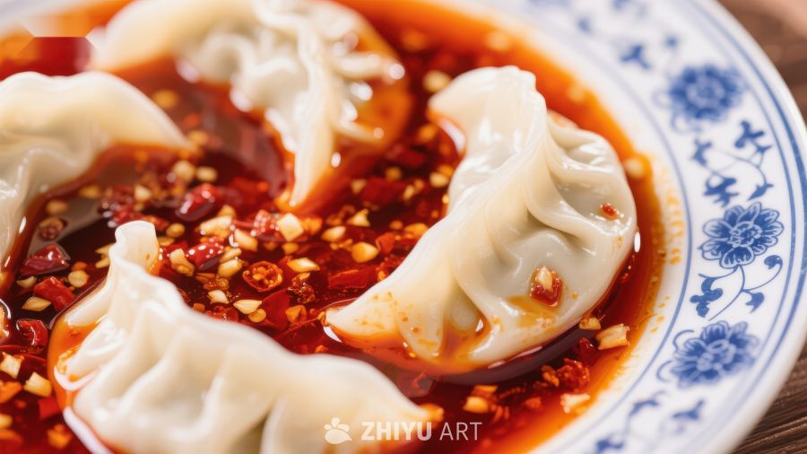 麻辣水饺，红油辣椒点缀