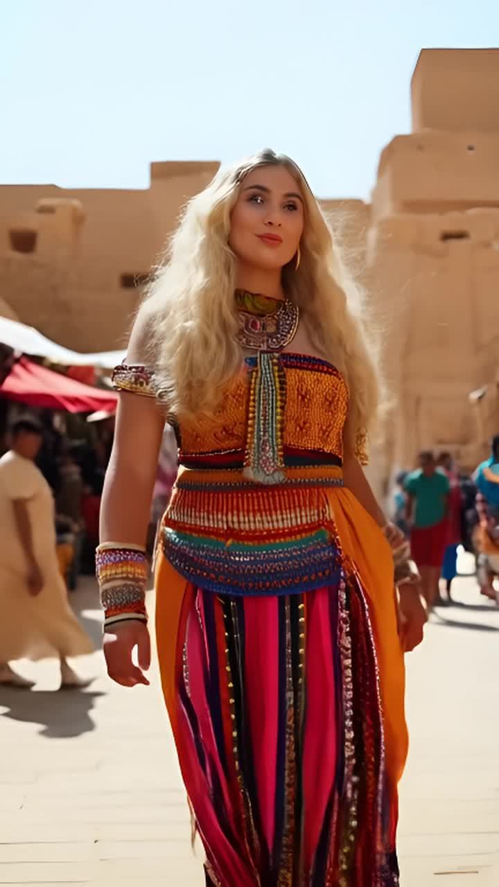 一位金发女子穿着埃及风格的服装，站在一条街道上。她