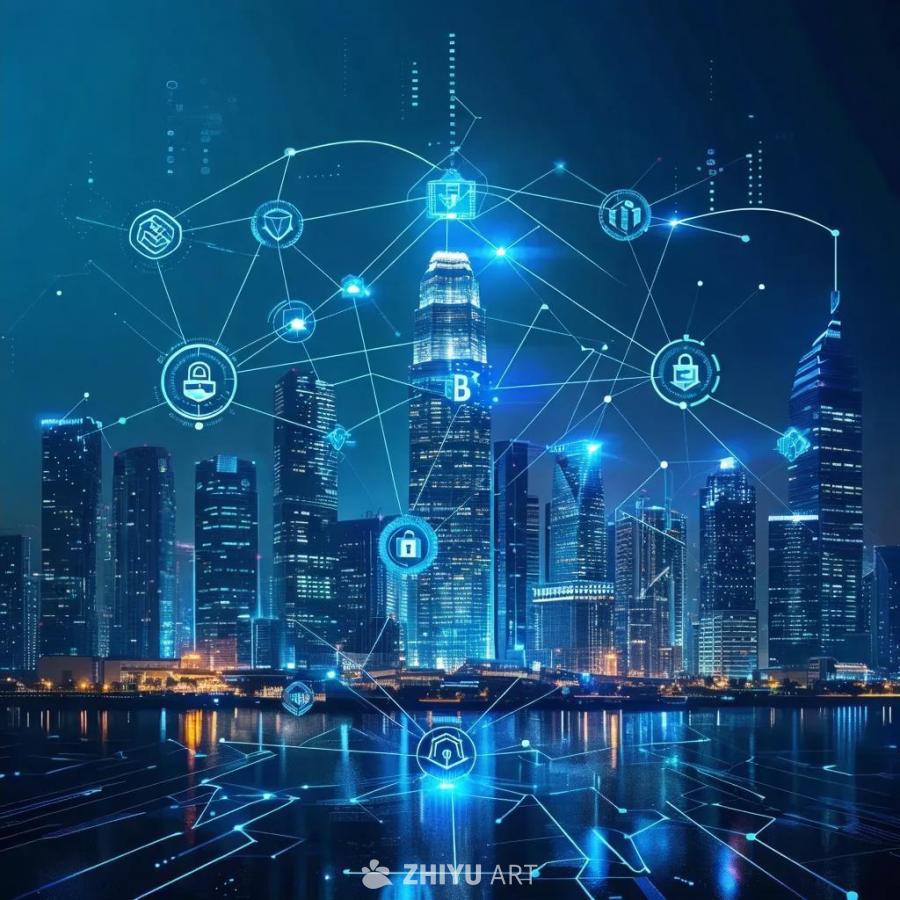 图片显示了一个现代化的城市景观，多个摩天大楼排列在
