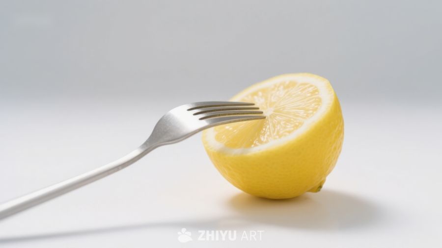 叉子轻触柠檬，简约静物摄影 46