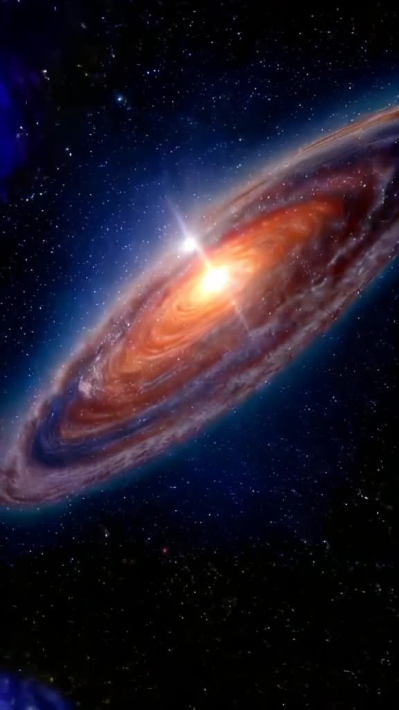 星空中，一个螺旋形的星系呈现出橙色、红色和蓝色调，