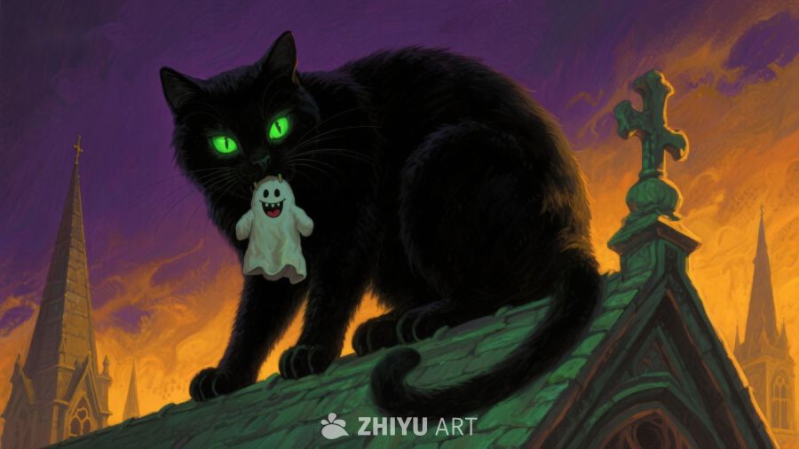 黑猫屋顶夜景，怀抱小幽灵