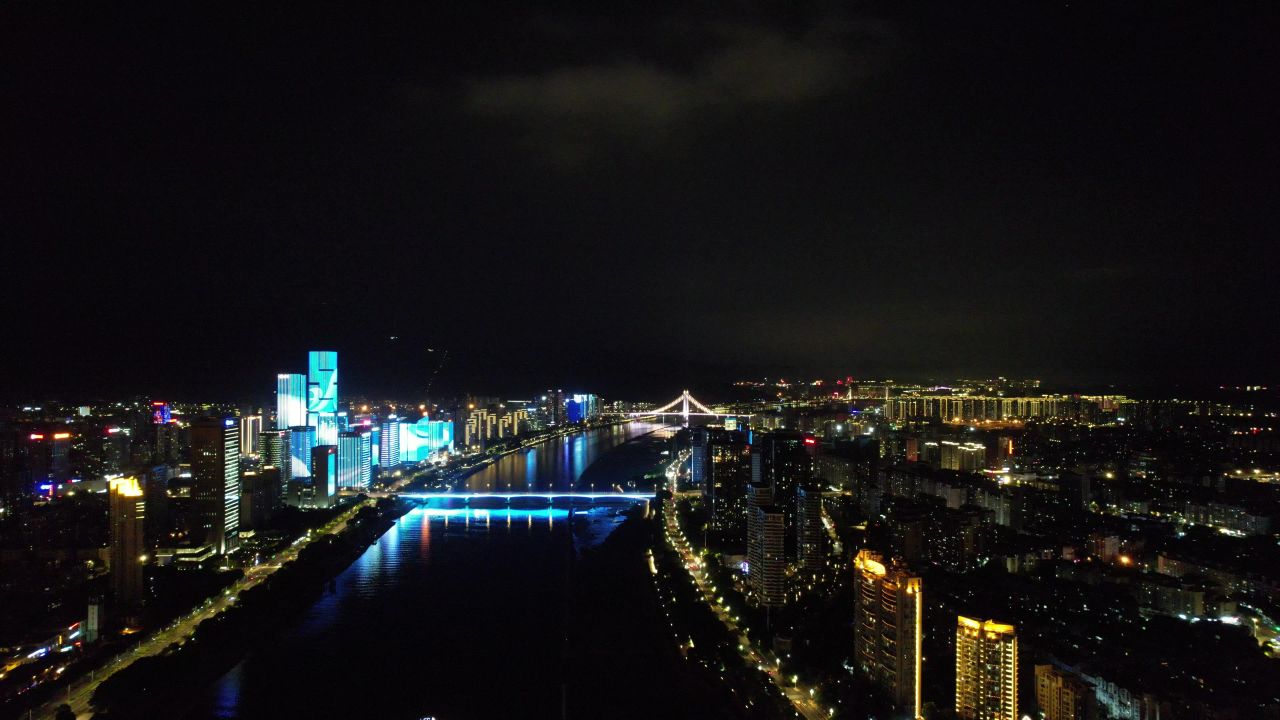福建福州闽江两岸夜景航拍 