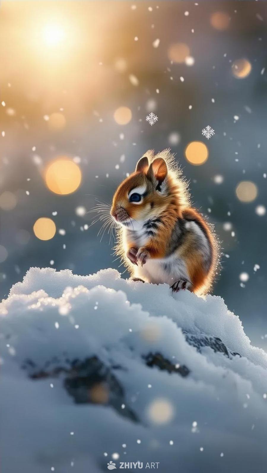 一只小巧可爱的生物站在一个迷你的雪山上。周围飘落着