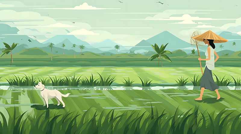 妇女站在稻田与狗，绿色插画风格 11