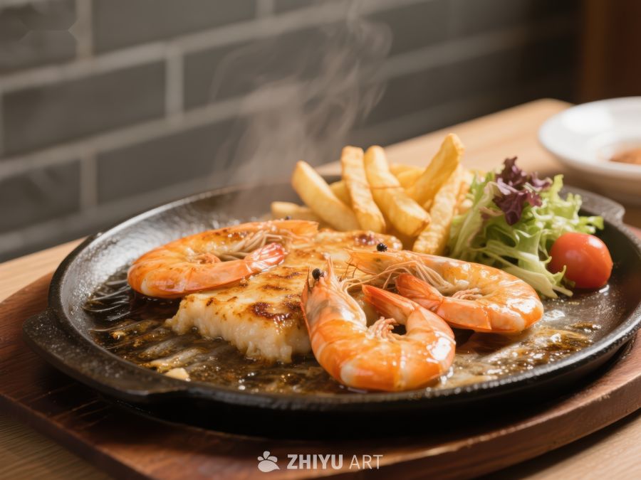 铁板虾仁配薯条与沙拉